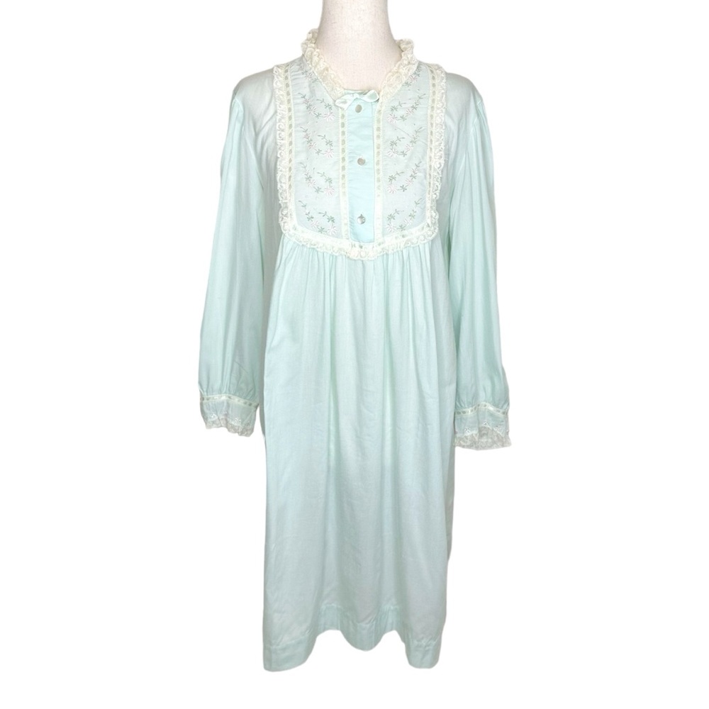 Vintage Light Blue Floral Embroidered Lace Trim Nightgown Dress - Picture 2 of 13